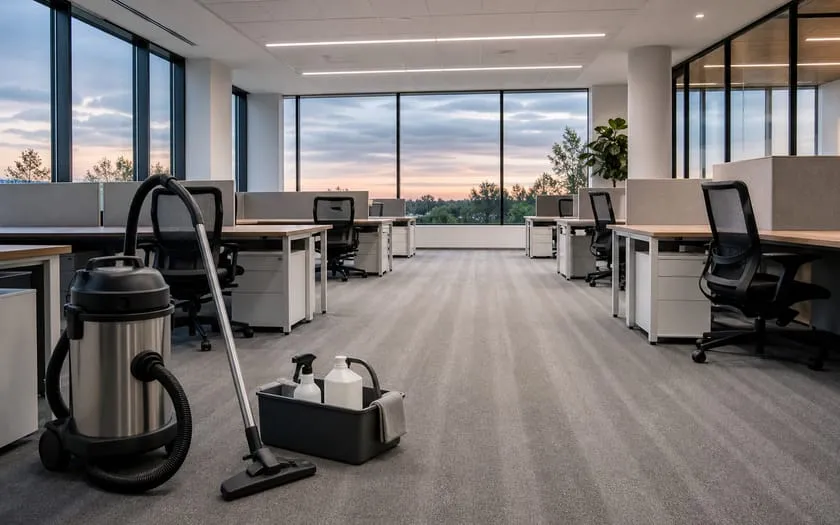 Aufgeräumtes Büro nach der Reinigung: leere Schreibtische, Staubsauger und Reinigungswagen im Vordergrund