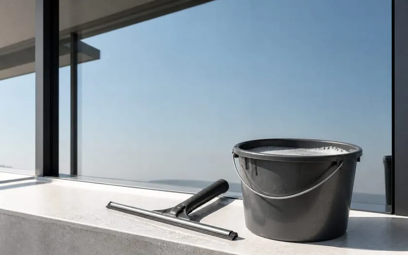Abzieher und Eimer mit Seifenwasser vor einer großen, frisch geputzten Glasfassade