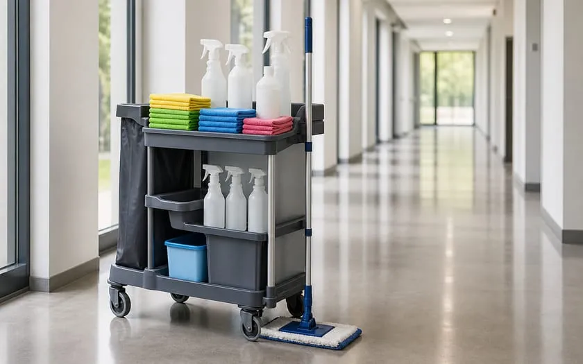 Reinigungswagen mit gefalteten Mikrofasertüchern, Sprühflaschen und Mopp in einem hellen Flur