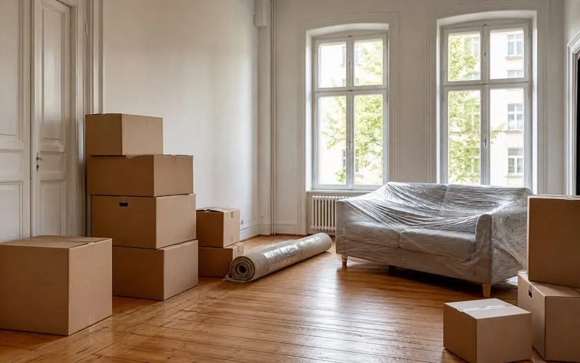 Wohnzimmer während eines Umzugs: gestapelte Umzugskartons, ein zusammengerollter Teppich und ein in Folie eingeschlagenes Sofa