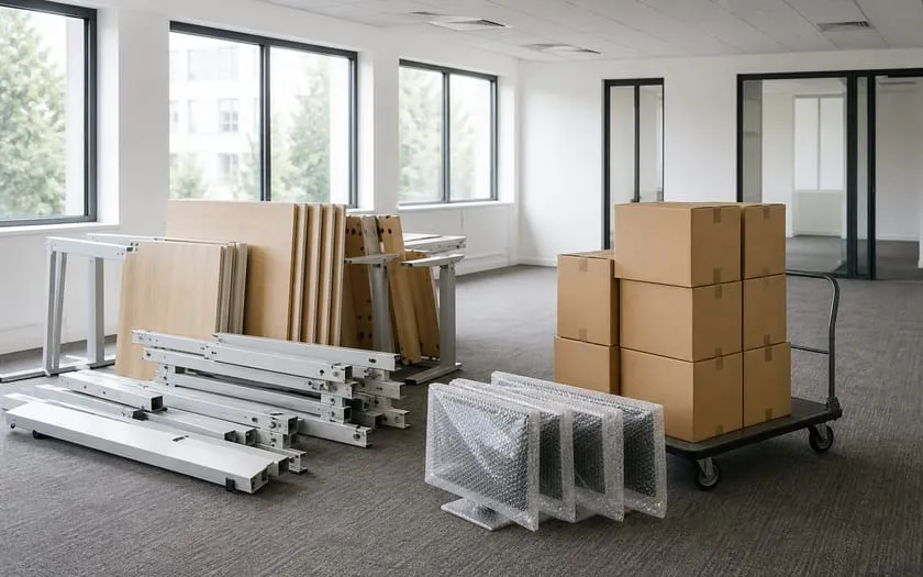 Leergeräumtes Großraumbüro: zerlegte Schreibtische, Kartons auf einem Transportroller, in Luftpolsterfolie verpackte Monitore