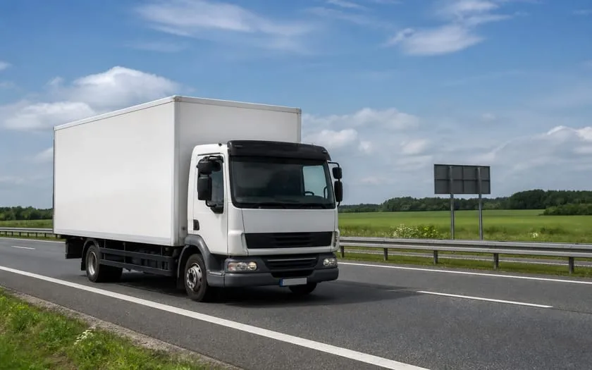 Weißer Kofferlastwagen auf einer Autobahn bei Tageslicht