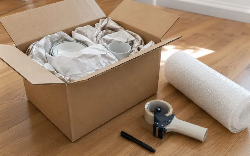 Offener Umzugskarton mit in Packpapier eingeschlagenem Geschirr, Klebebandabroller und Luftpolsterfolie
