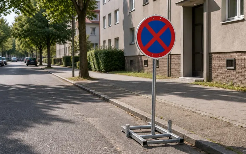 Mobiles Halteverbotsschild auf einem Metallständer am Straßenrand mit freier Parkfläche dahinter