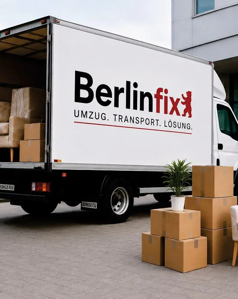 Berlinfix Umzugswagen mit Kartons vor einem Gebäude in Berlin